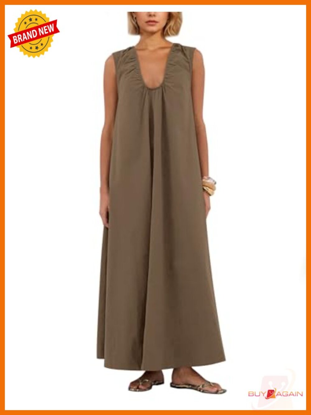 Women Sleeveless Ruched Maxi Dress Scoop Neck Side Pockets Cotton Summer
